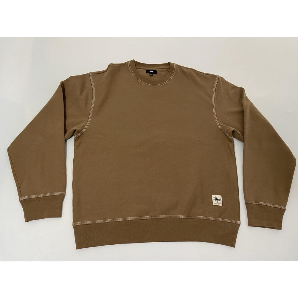 Stussy Sweatshirt Mens XL Brown‎ Crewneck Contrast Stitch Workwear Fleece